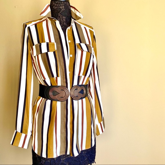 Green Olive White Stripe Long Button-down Blouse 6 - Picture 16 of 16